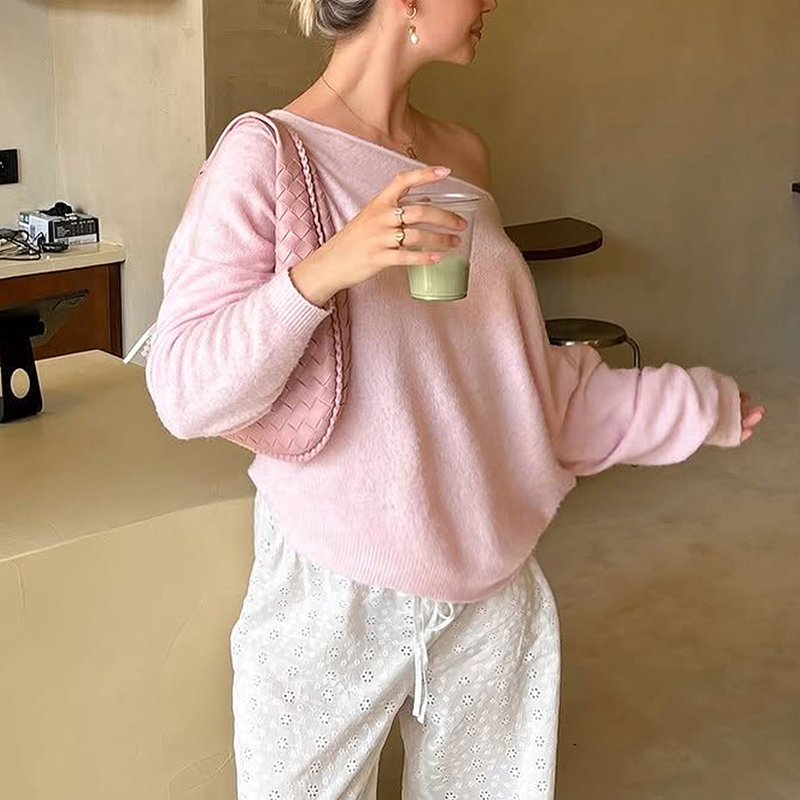 Fall women clothes, women's solid color sweater, simple fashion temperament casual loose pullover, long sleeve large round neck drop shoulder com