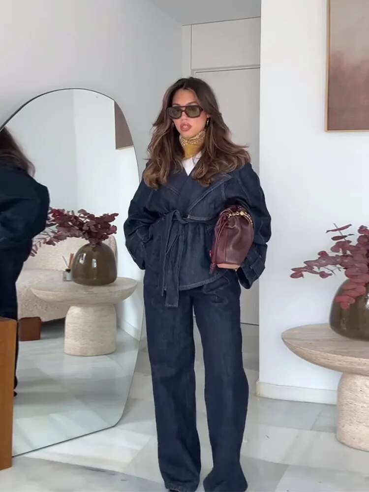 Women's Denim Pants Set Long Sleeve Jacket With Belt Matching High Waist Straight Leg Jeans Spring New Casual Daily Outfits