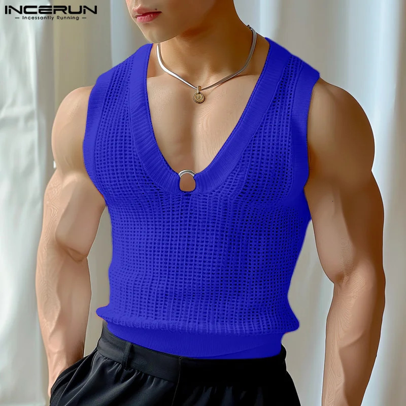 Mens Tank Top Hollow V-neck Sleeveless Street Clothing Summer Mens Tank Top Transparent Fashion Casual Mens Clothing INCERUN 250403