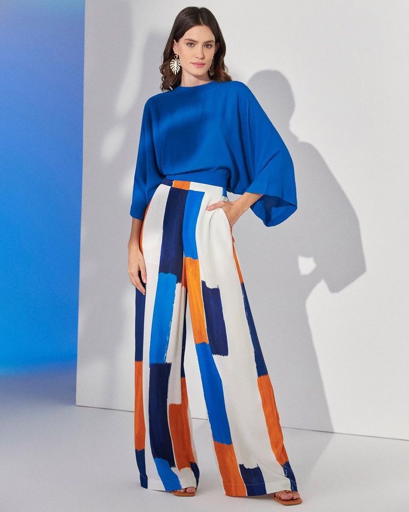 Womens Clothing New Temperament Loose Commuter Blue Top High Waist Wide Leg Pants Suit