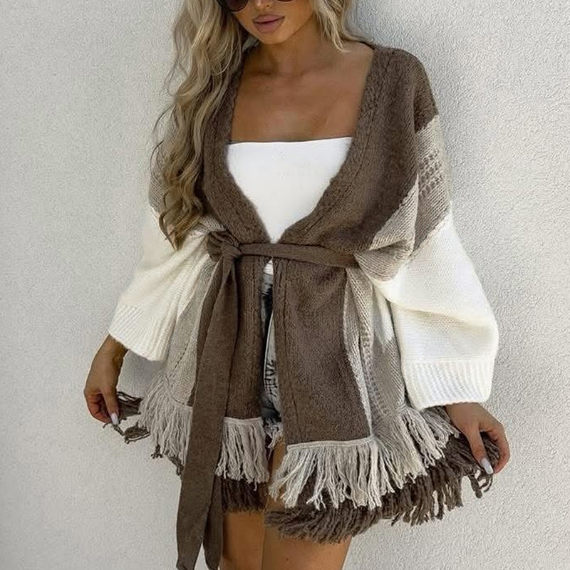 Women's color-block sweater, button-up long-sleeved top with tie-up design, featuring stylish frill elements, highly fashionable and versatile---