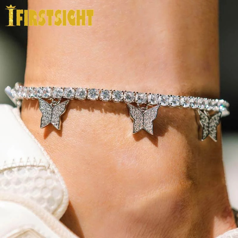 Gold Silver Color Pave 5A CZ Butterfly Pendant Anklet Iced Out Bling 5mm Tennis Chain Butterflys Anklets Hiphop Women Jewelry 250403