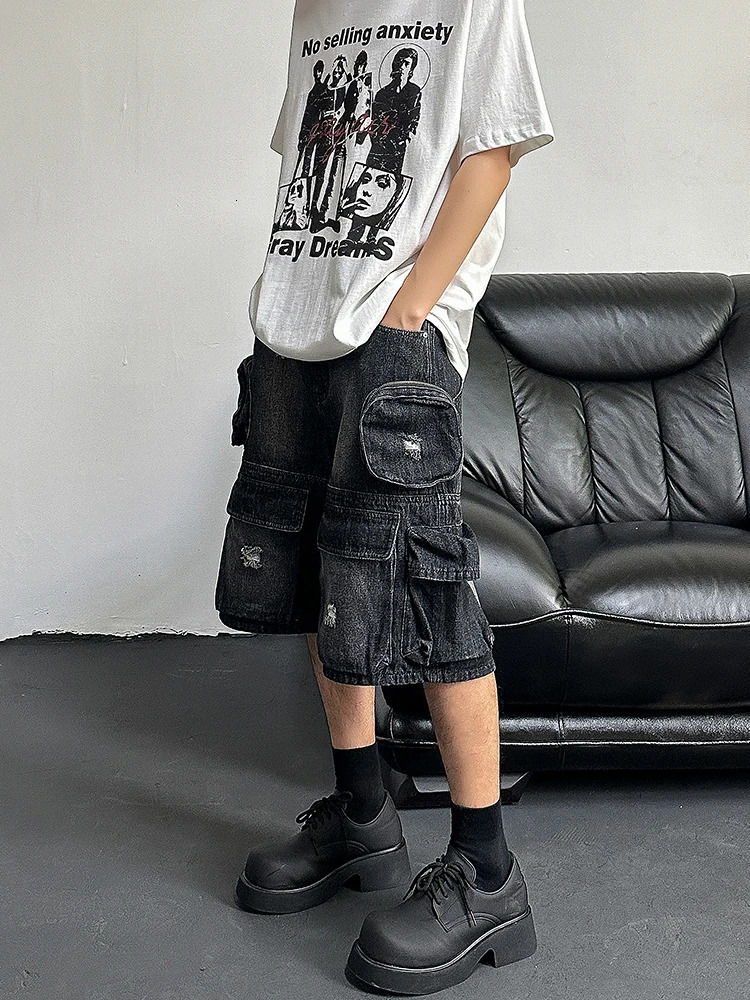 REDDACHIC Hip Hop Mens Cargo Pocket Denim Shorts Black Wash Damaged Wide Leg Jeans Jorts Retro Harajuku Street Clothing 250407