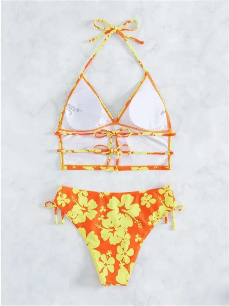 Dongdumaoyi Sexy Yellow Floral Print Bikinis Set Women Halter Push Up Crop Top Swimsuit Beach Bathing Suit Lace High Waist Swimwear