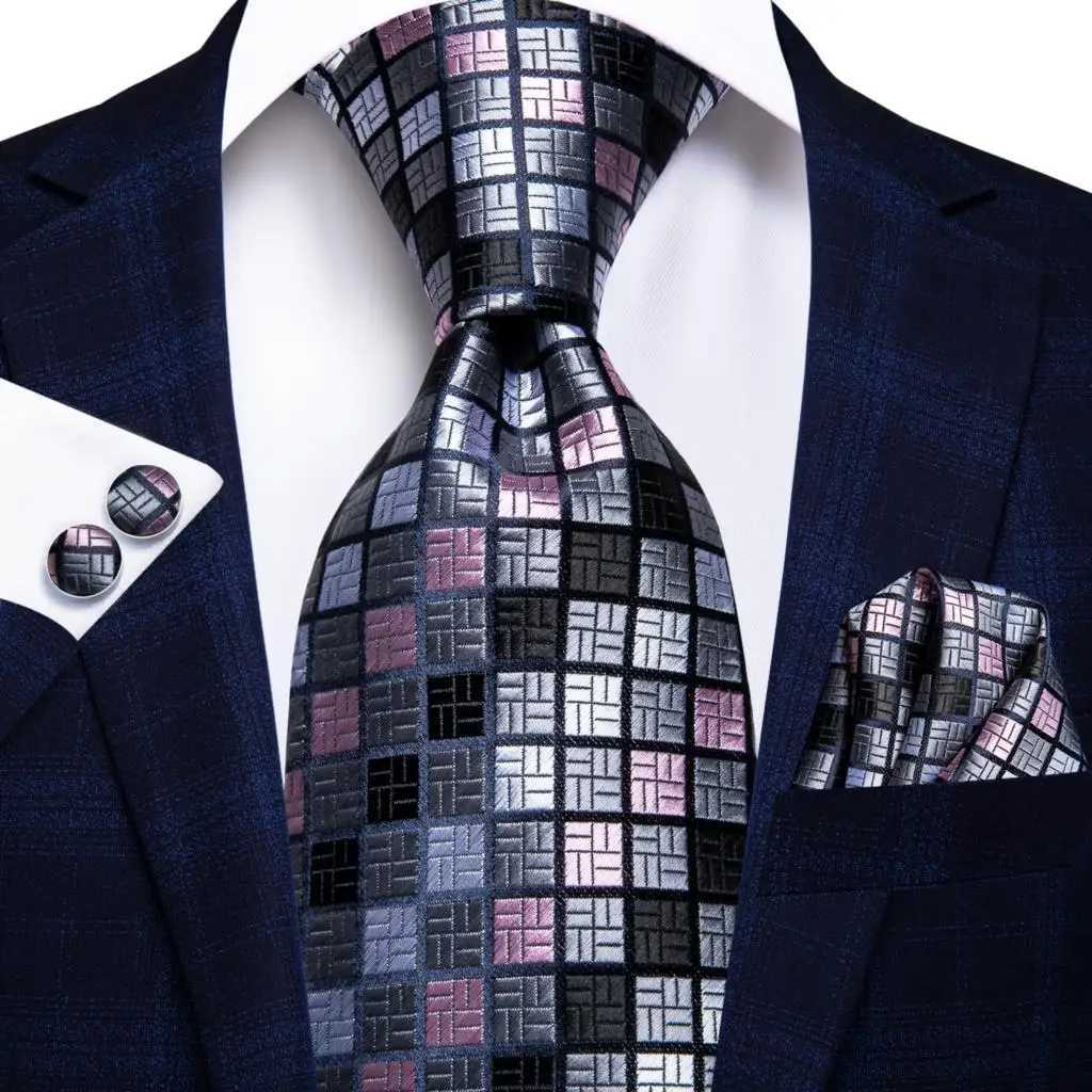 Hi-Tie Designer Grey Plaid Novelty Silk Wedding Tie For Men Handky Cufflink Gift Mens Necktie Fashion Business Party Dropshiping X250407