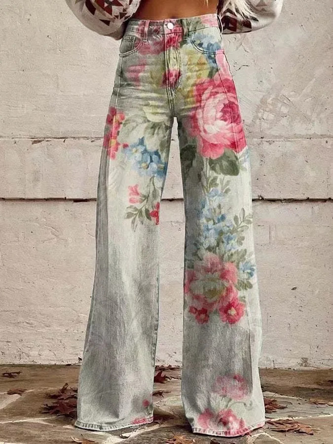 Retro Fashion High Waist Pants Street Loose Wide Leg Denim Womens Jeans 250407