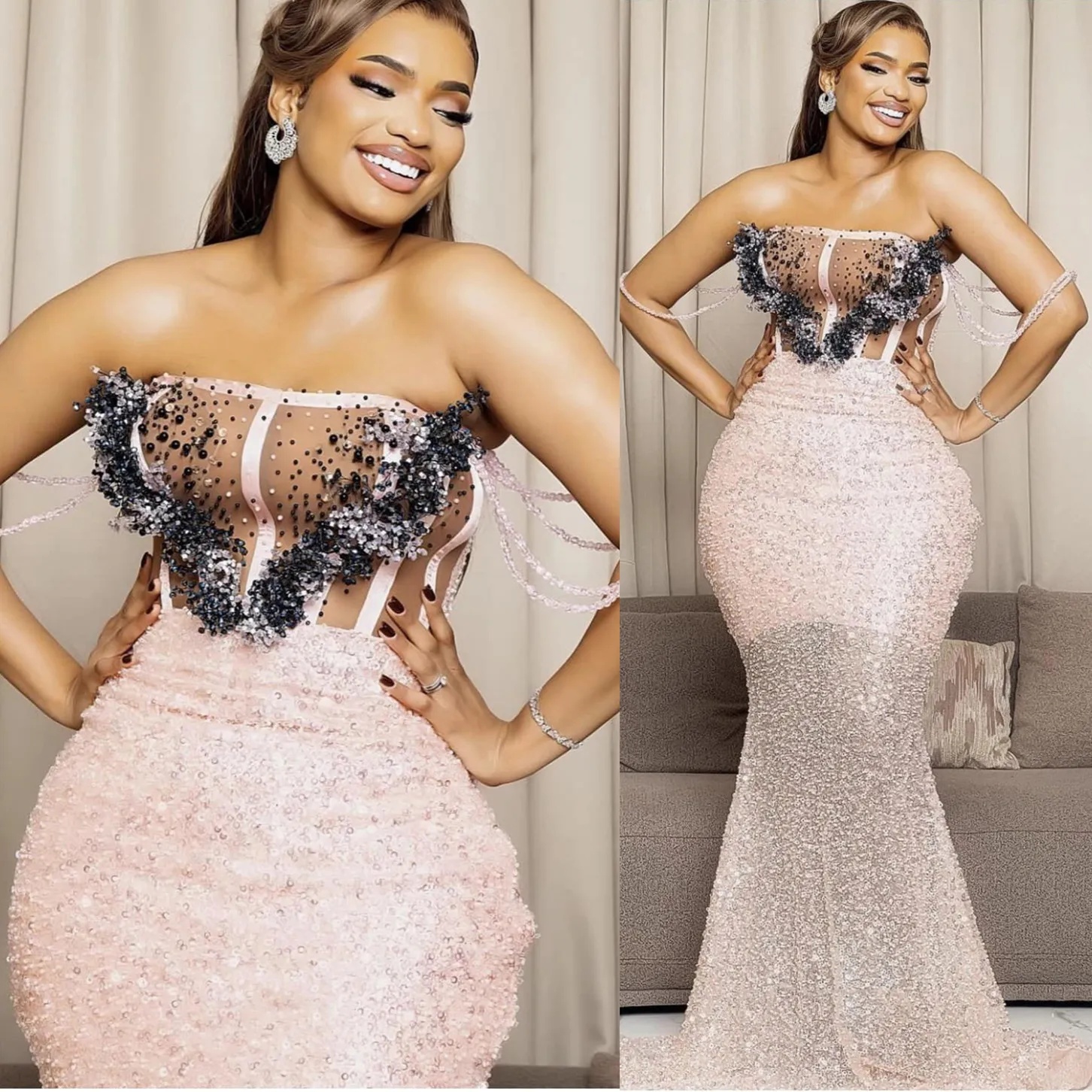 Aso Ebi Pearl Pink Mermaid Prom Dresses Sequined Dresses Beaded Strapless Evening Formal Party Birthday Second Engagement Gowns Robe De Soiree Plus si