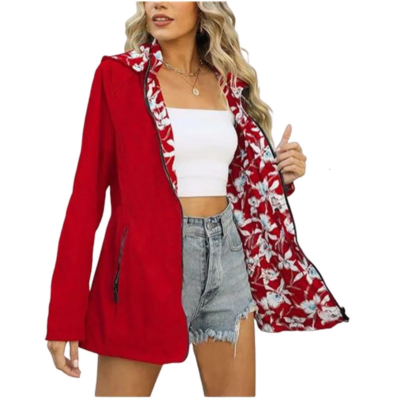 Womens autumn hooded jacket reversible printed casual with pockets multicolor streetwear S2XL matching clothing 250407