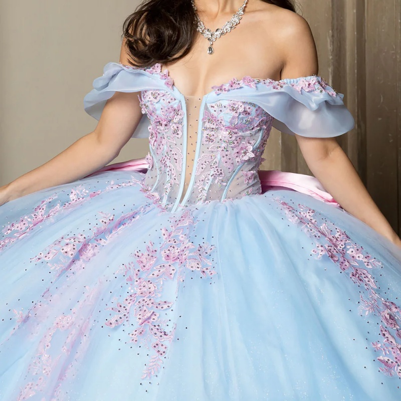 Sky Blue Quinceanera Dresses Off Shoulder Ball Gown Sweet 16 Dress Applique Bow Beads Tull Corset Birthday Party Vestidos 15 De Anos