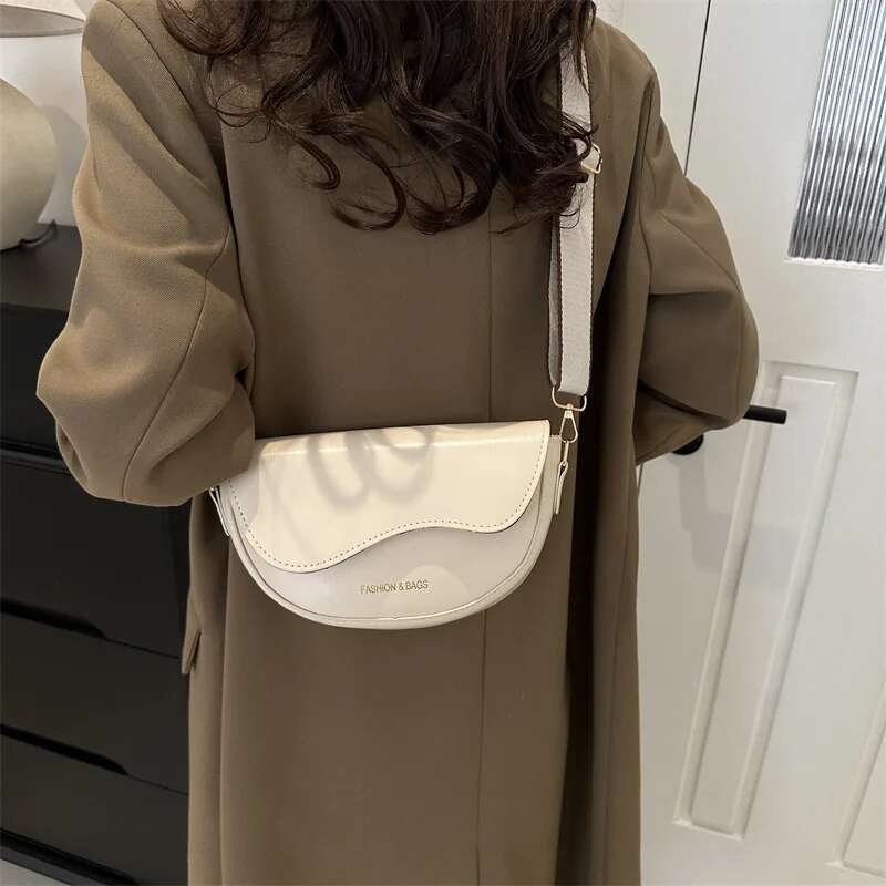 Women Vintage Solid Color Flap Small Saddle Underarm Fashion PU Leather Wide Strap Crossbody Bag Shoulder Bag Zwq