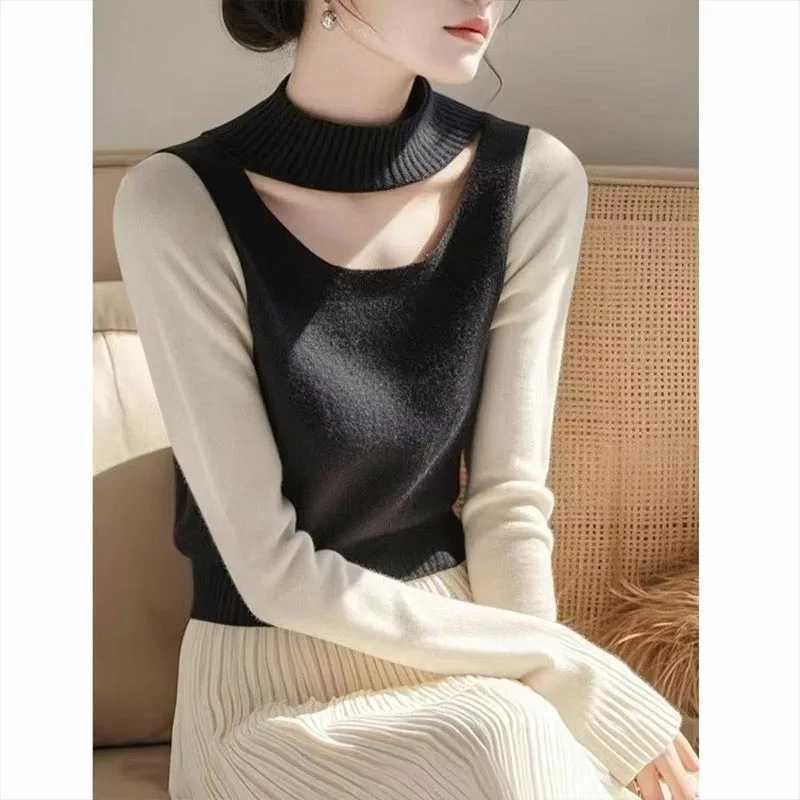 2025 Autumn Winter New Hollow Out Fashion Patchwork Knit Pullovers Women Clothing Vintage All-match Half High Collar Sweaters C251110