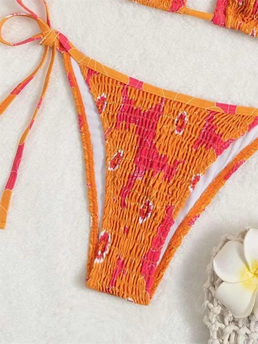Dongdumaoyi Sexy Band Piece Bikini Set Women Orange Floral Print Pleate Push Up Micro Swimwear Bathing Suit Tie Side Thong Swimsuit