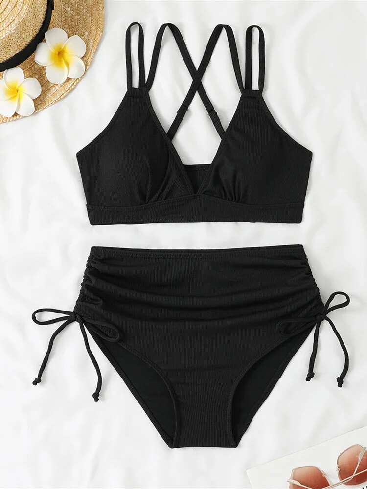 Dongdumaoyi Women S Two Piece Swimsuit Black Double Strap Push Up Pleate Drawstring Side High Waist Bikini Beach Bathing Suit Swimwear