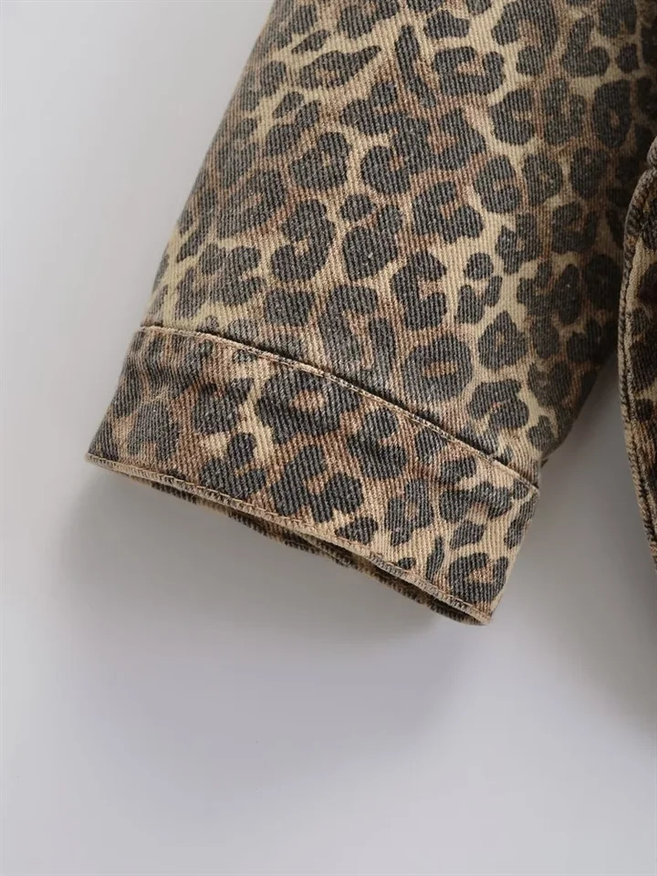 Kar Otza Autumn Womens Collar Loose Open Animal Printed Denim Jacket 250407