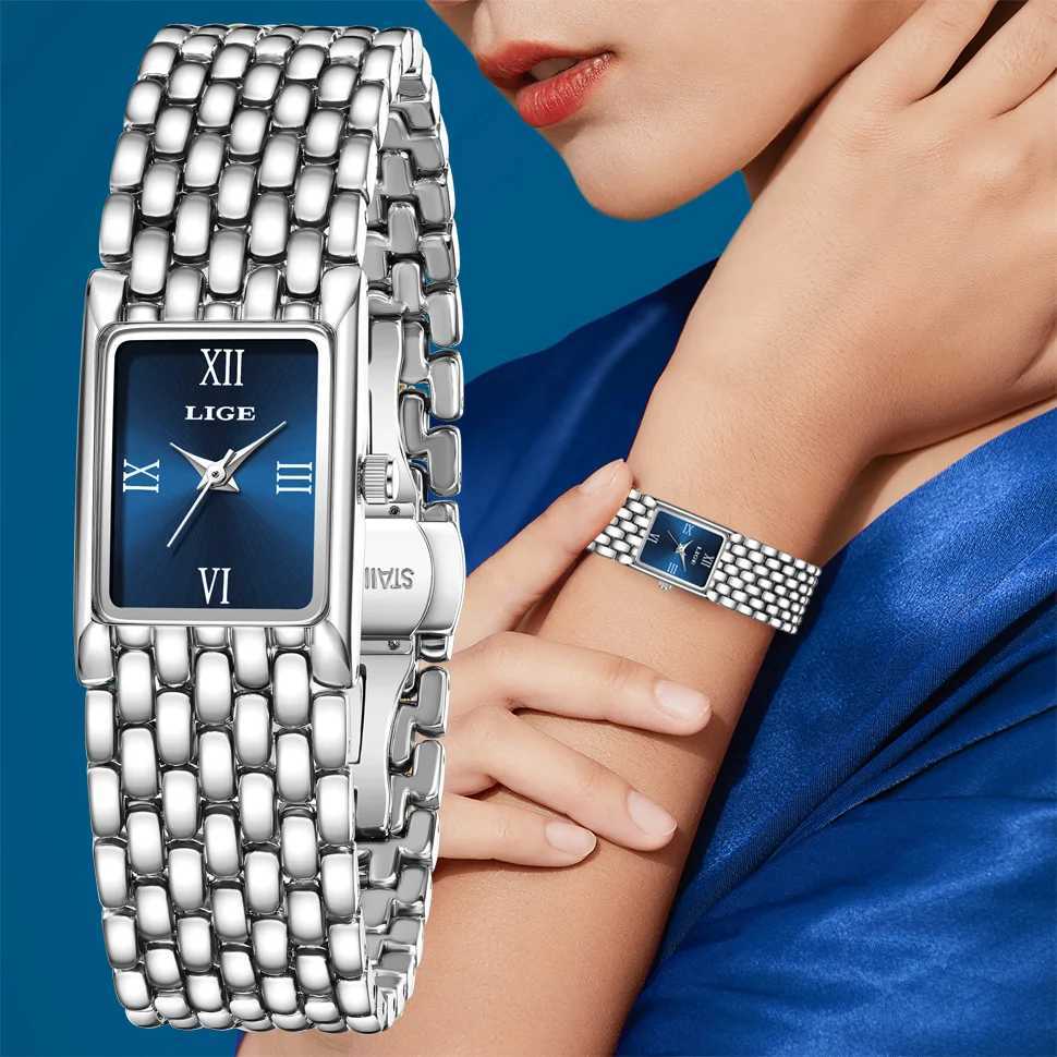 Lige Silver Watch for Women Square Ladies Quartz Watch Stainless Steel Womens Small Gold Watch Luxury Leisure Fashion WatchT250408