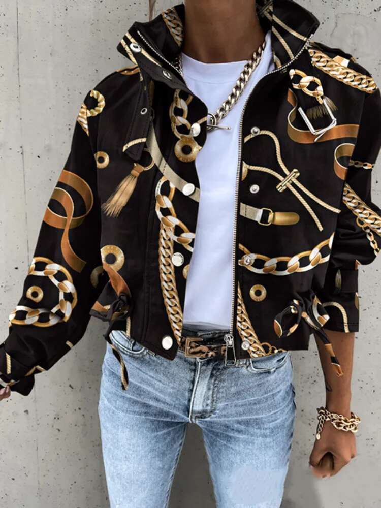 Women's New Fashionable Printed Short Casual Ladies' Autumn Rivet High Neck Long Sleeved Single Breasted Jacket
