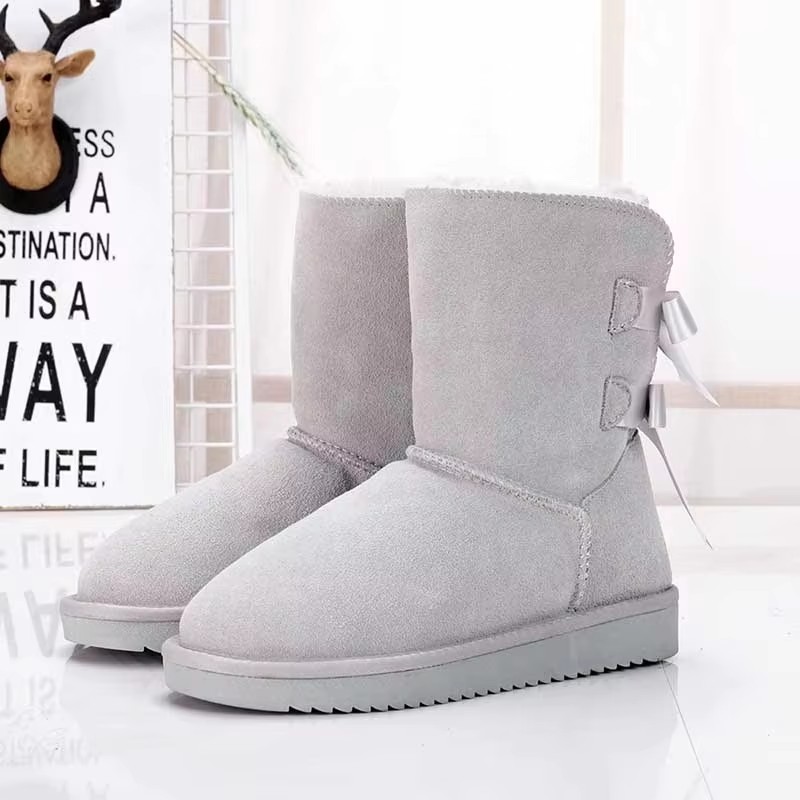 Designer shoes high quality genuine cowhide boots with double bow and warm outdoor snow boots for woman size 34-43