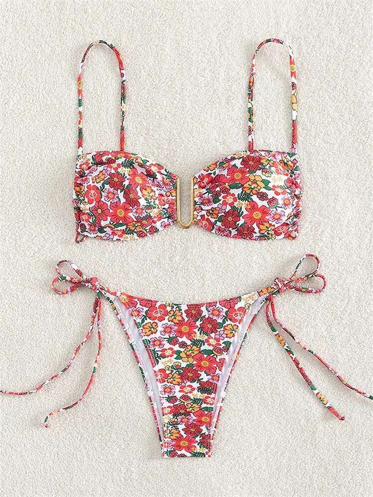 Dongdumaoyi Sexy U Wire Bikini Set Women Red Floral Print Push Up Micro Swimsuit Brazilian Cut Out Bathing Suit Tie Side Thong Swimwear