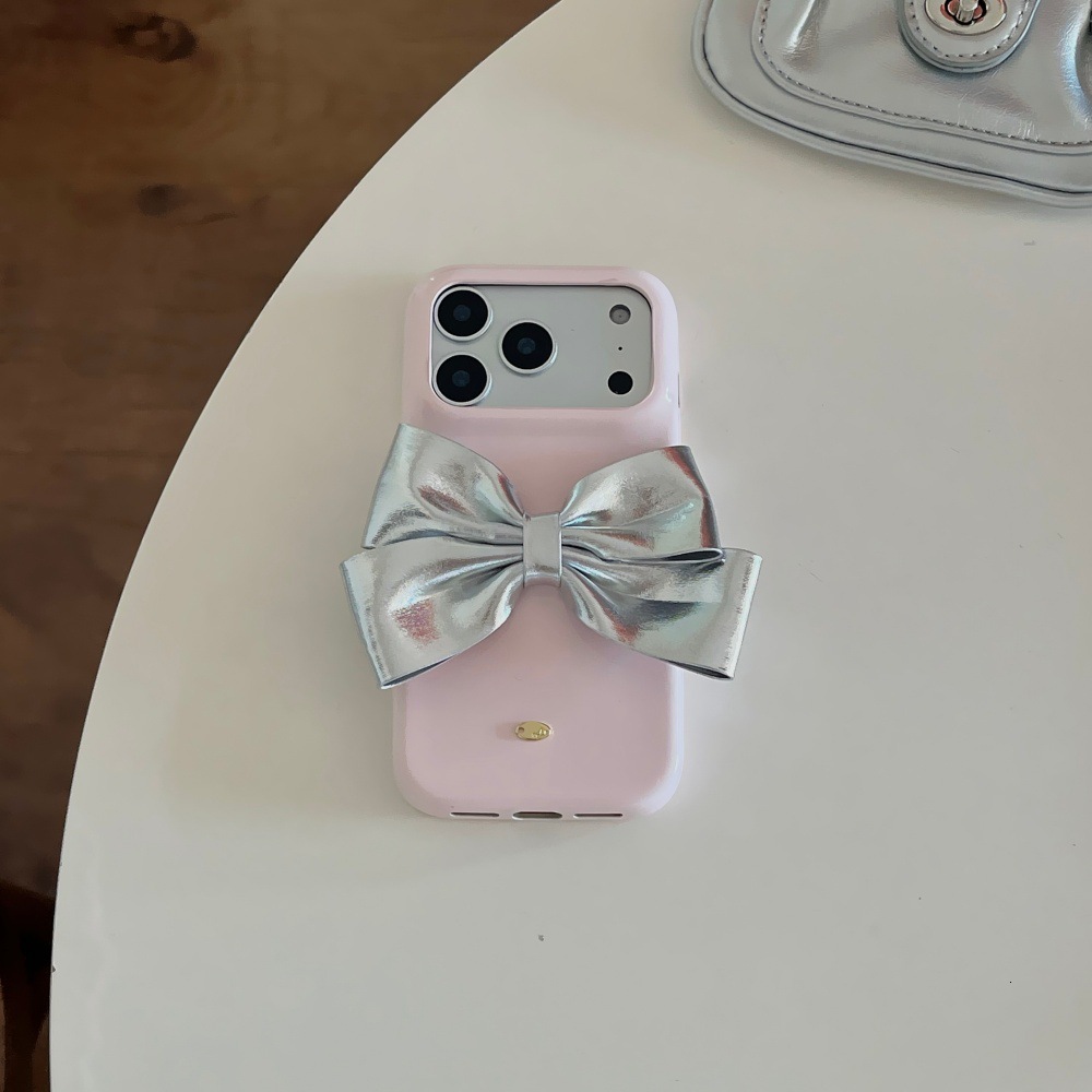 Leather Pink Bowknot Phone Case Compatible with iPhone 17 Pro Max Simple Solid Color Case iPhone 16/15 Pro Cartoon