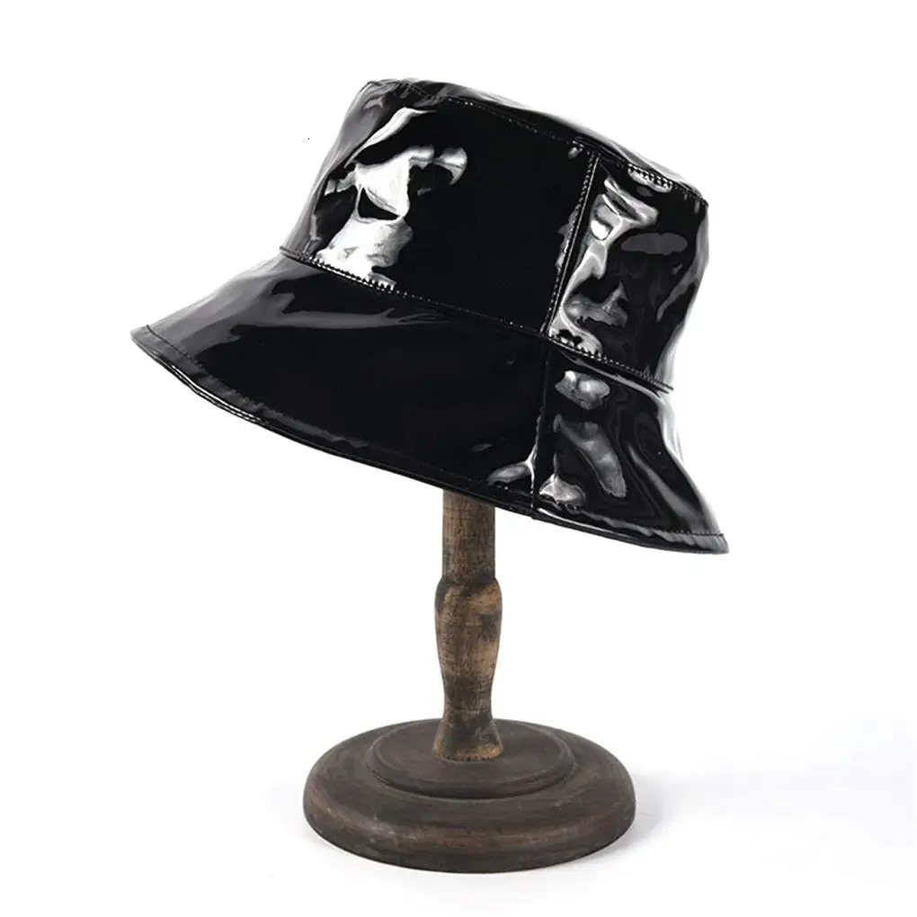 Bucket Hat Waterproof Rain Caps Fashion Black Patent Leather Solid Color Retro Street Hip Hop Fishing Bonnet Beach Party 251103 - view 3