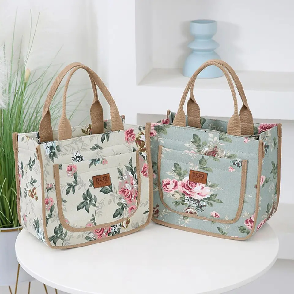 Fashionable handbag floral printing lunch bag large capacity thickened insulated portable ice 250401