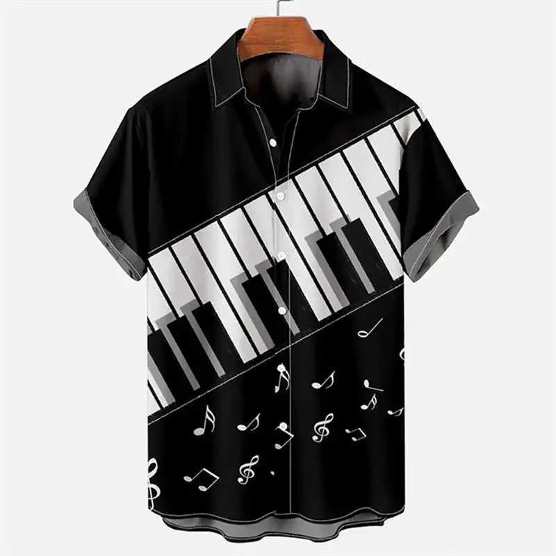 Mens summer shirt 2024 Hawaii short sleeved T-shirt music note printing boys and girls beach travel top casual lapel clothingXJ250407