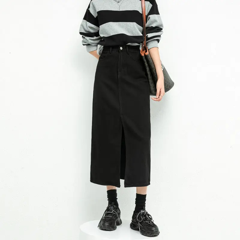 Split Denim Skirt For Women High Waisted Loose A-line Skirt Korean Elegant Black Skirts Autumn Fashion Mid length Skirts 250408