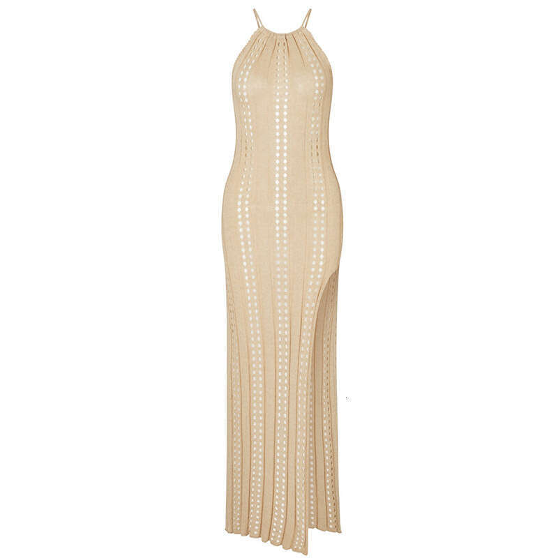 European and American suspender solid color sleeveless knitted hollow swimsuit vacation beach long dress women's 2025 new casual fashion trend cl