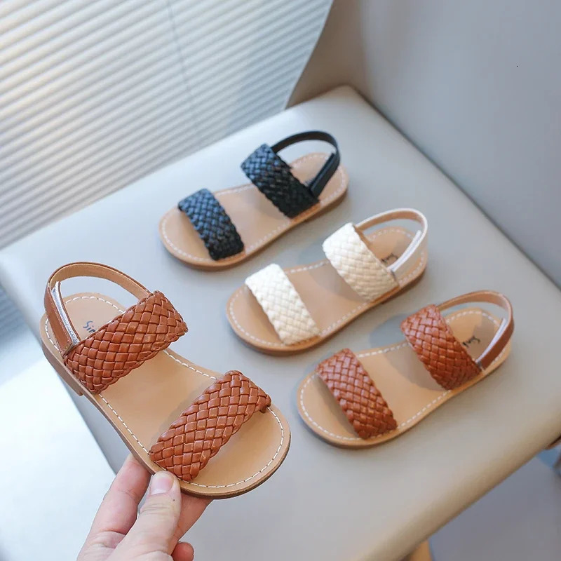 Kids Sandals for Girls Summer Girls Weave Sandals Children Beach Shoes Open Toes Flat Anti-skid Rubber Ankle Strap 250407