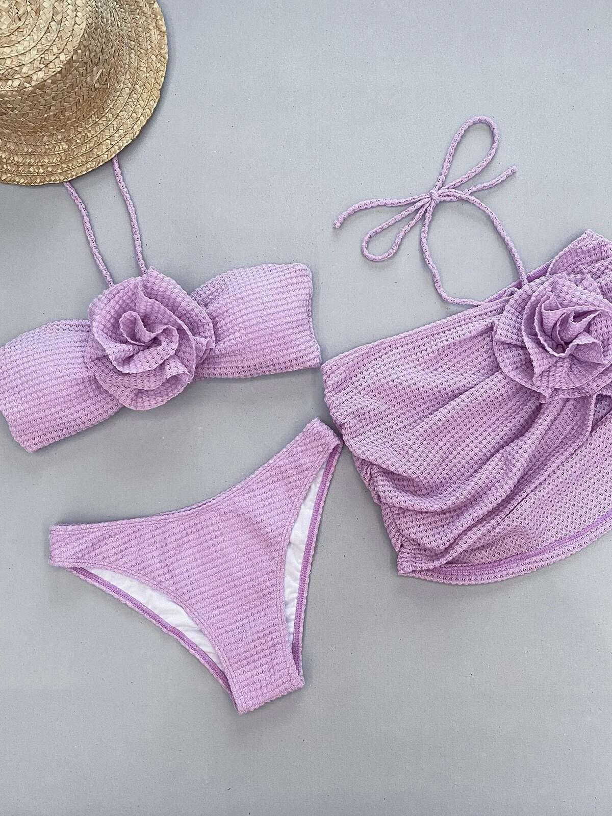 Dongdumaoyi Piece Purple White Bikini Set Women Bandeau Big D Flower Designer Swimsuit Beach Push Up Bathing Suit Skirt Swimwear