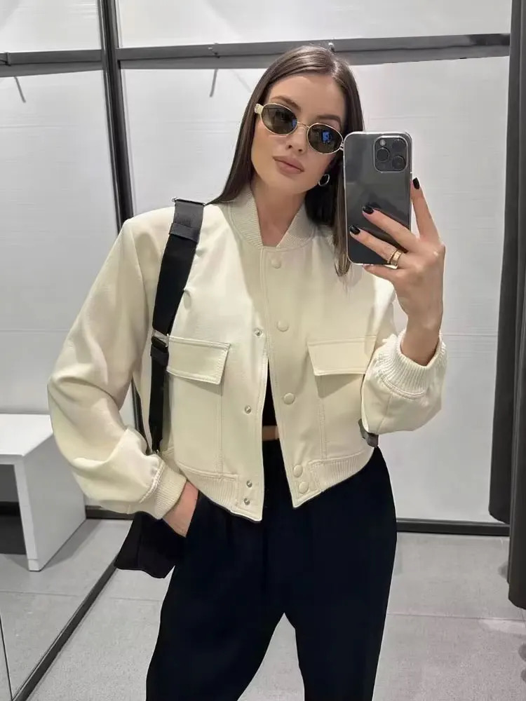 TRZA Womens Fashion Pocket Bomb Jacket Retro Long Sleeve Front Buckle Casual Unique Top 250407