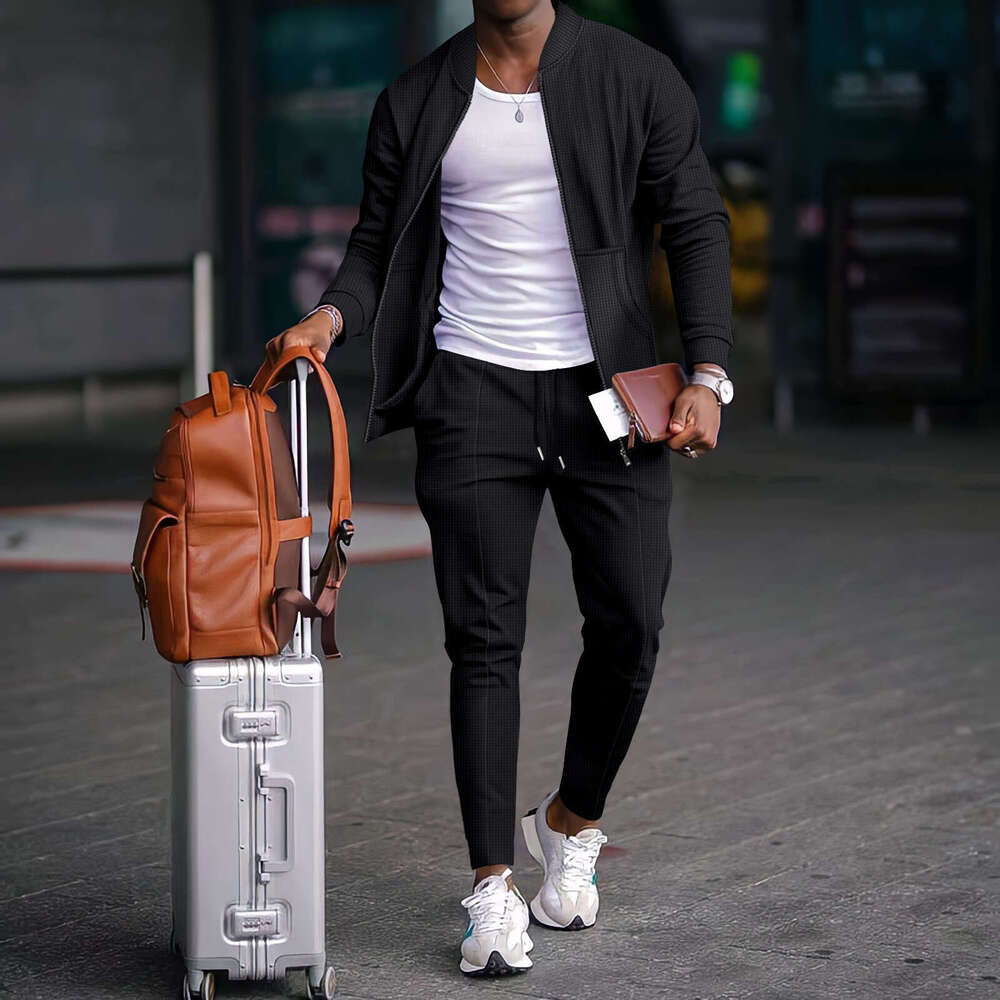 Autumn/Winter Waffle Baseball Pocket Zipper Jacket Set 2025 New Casual Fashion Trendy Clothing
