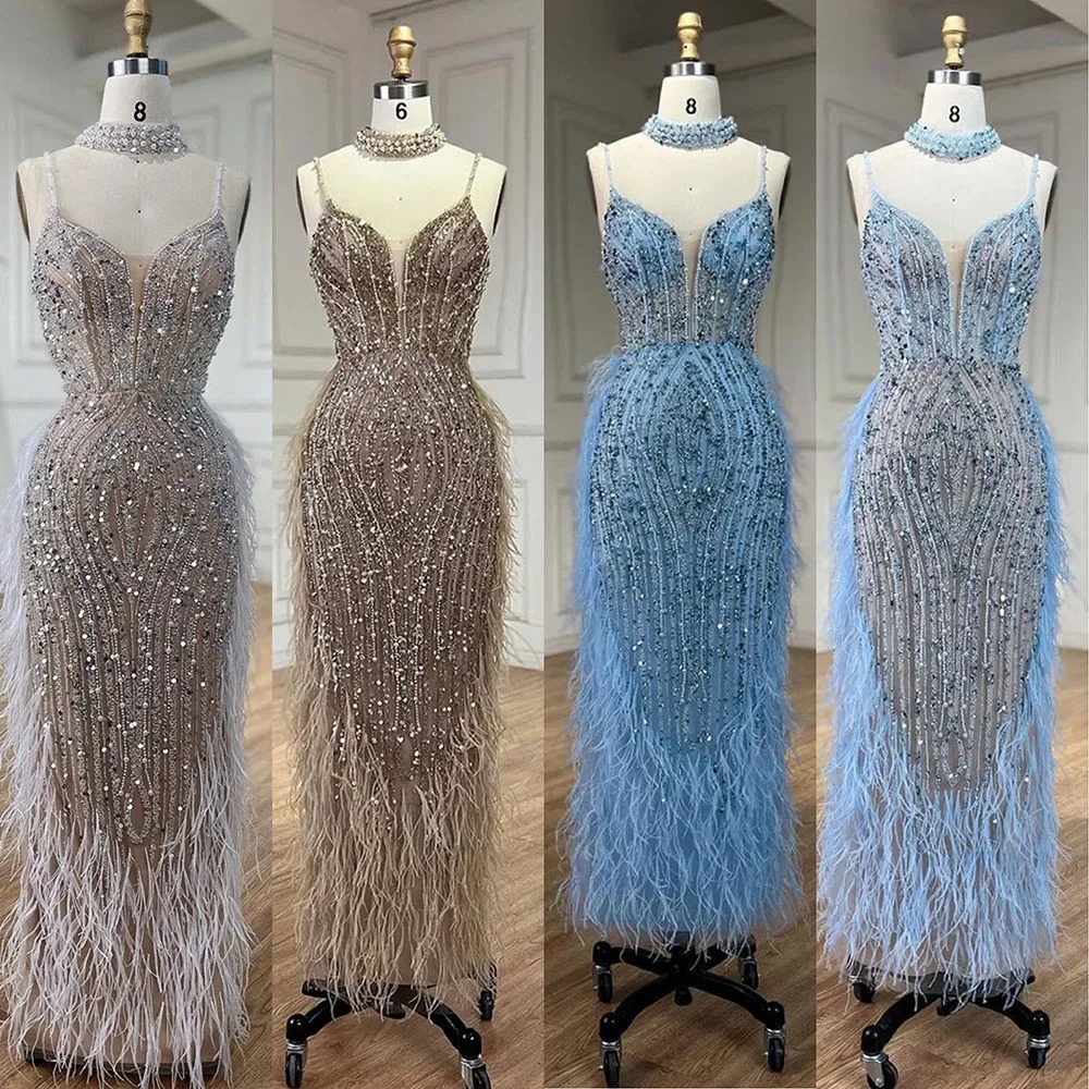 White nude mermaid spaghetti strap beaded feather evening dress dance dress womens wedding party LA72047 customization 250402
