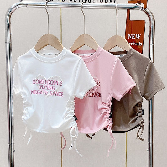 Ddmyshoesvip Korean Version Clothing Girls Summer Fashion Minimalist Letter T Shirt Children S Ice Silk Drawstring Short Sleeved Top