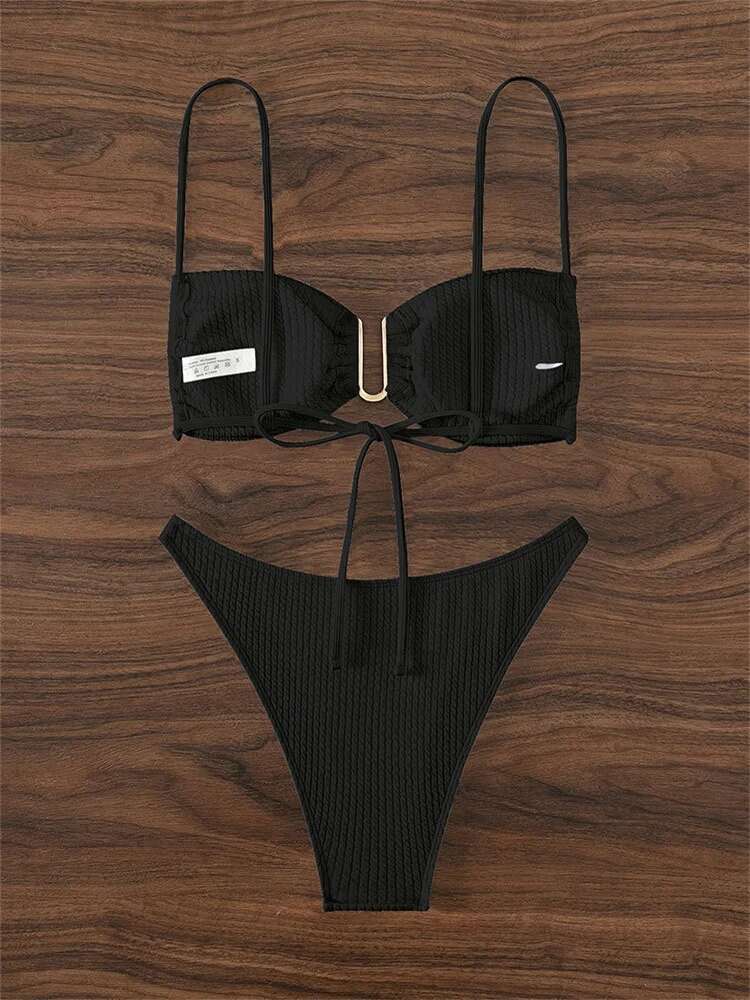Dongdumaoyi Sexy U Neck Bikini Set Women Solid White Black Push Up Pleate Micro Swimsuit Brazilian Cut Out Bathing Suit Thong Swimwear