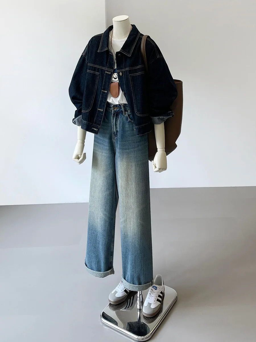 Navy Blue Short Denim Jacket for Womens Work Style SpringSummer Korean Casual Pocket n Feels Thin Shirt 250407