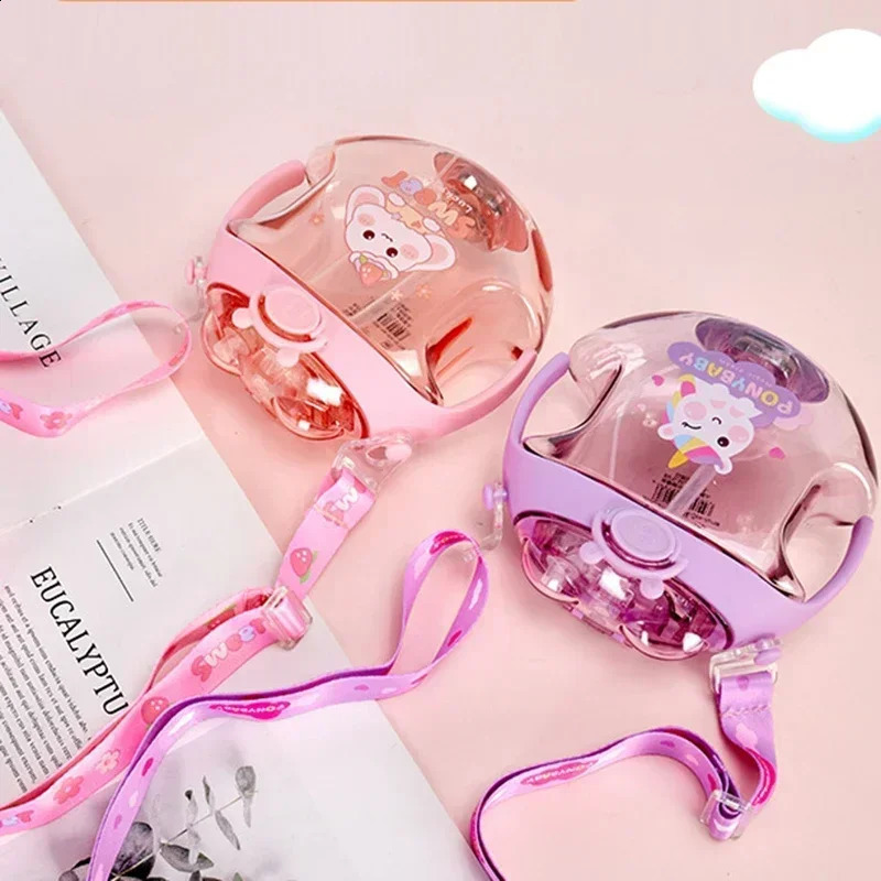 450ml Donut Shape Cup Kids Luminous Plastic Drink Water Bottle with Straws Cartoon Spray Bottle for Kids Outdoor Water Bottle 250408