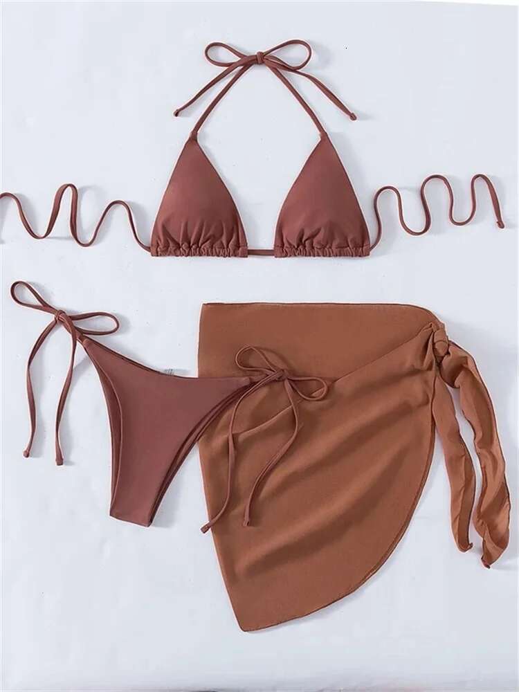 Dongdumaoyi Sexy Solid Brown Bikinis Set Women Ribbed Halter Push Up Mesh Skirt Swimsuit Mujer Brazilian Bathing Suit Cover Swimwear