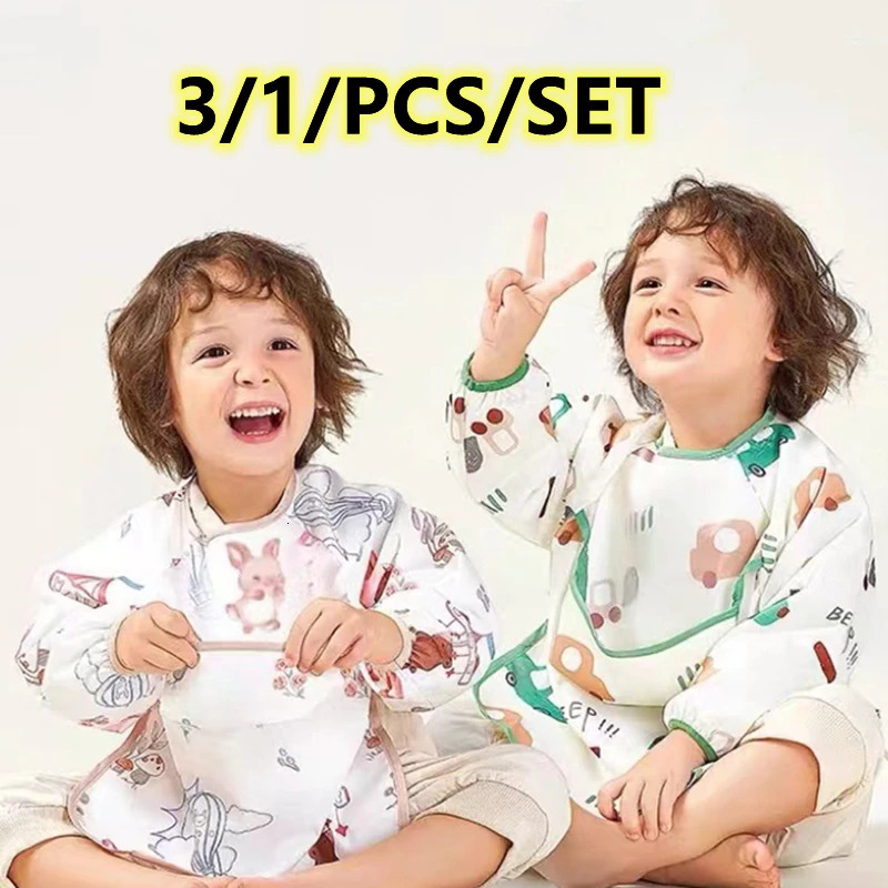 3PCS/1PCS Baby Smock Bibs Waterproof Long-sleeved Eating Feeding Art Apron born Toddler Burp Cloths Fit 0-3 Years 250408