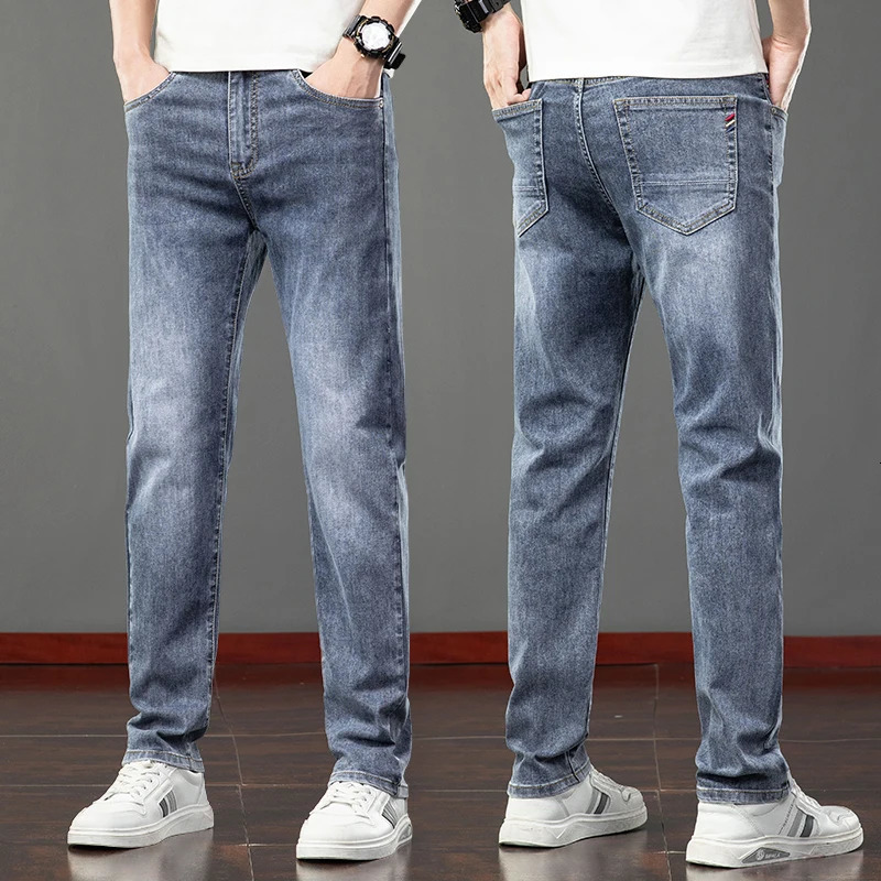 Summer ultrathin mens slim fit jeans blue gray elastic straight light business casual denim pants classic style 250401