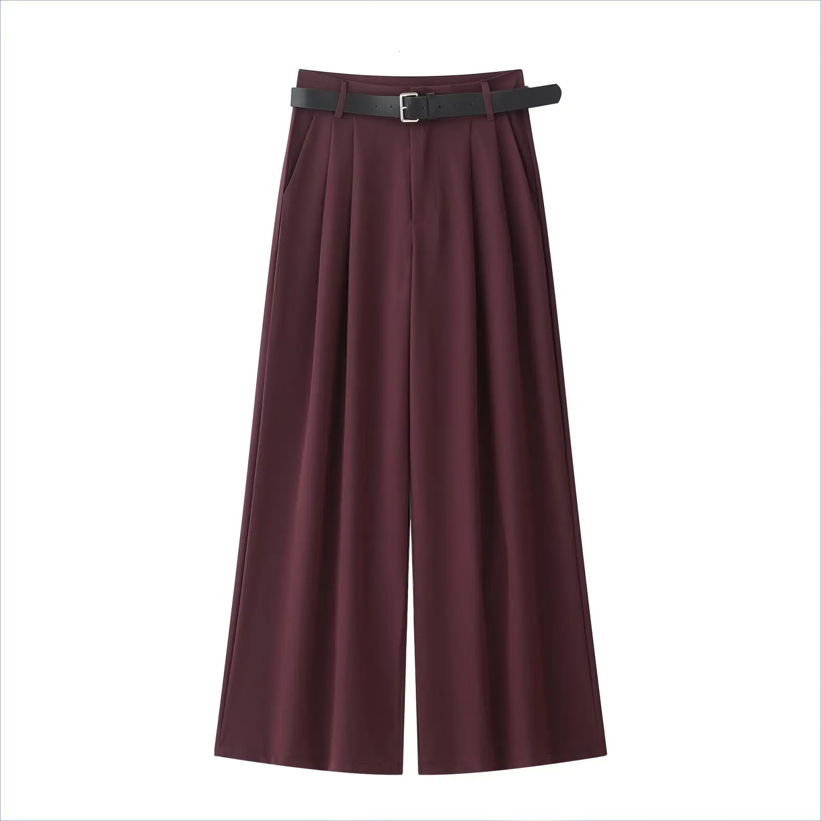 Womens spring and summer straight pants casual pleated solid loose strap womens elegant street Trouser clothing 250407