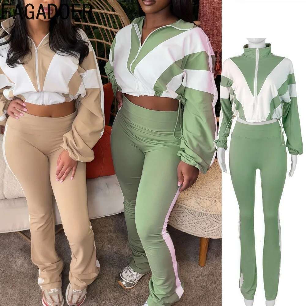 FAGADOER Spring New Casual Two Piece Outfits Woman Color Block Long Sleeve Zipper Jacket And Jogger Pants Tracksuit Streetwear