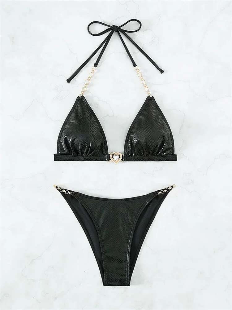 Dongdumaoyi Luxury Rhinestone Bikini Women Black Bronzing Metal Chain Strap Push Up Micro Swimsuit Sexy Bathing Suit Thong Swimwear