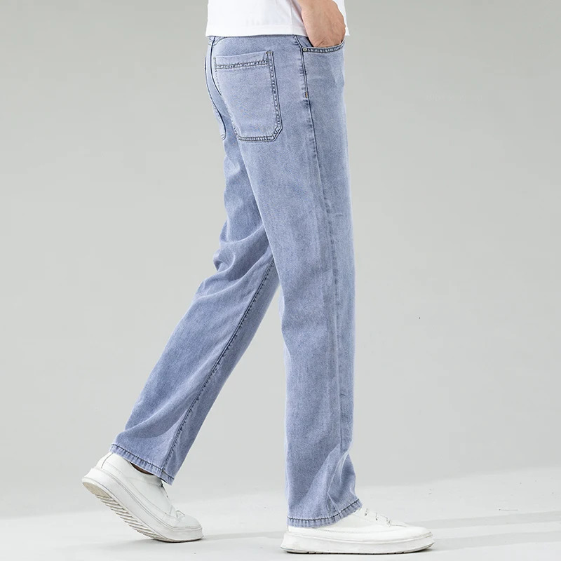 Summer thin Lyocell mens black jeans loose straight soft silk casual elastic wide leg Trousers 250401