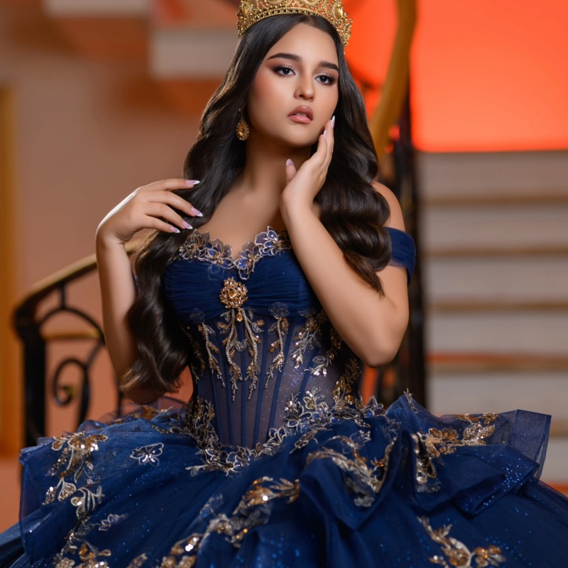 Navy Blue Shiny Princess Quinceanera Dresses Off Shoulder Beads Gold Applique Lace Tull Corset Sweet 16 Dress Ball Gown Vestidos 15 De Anos