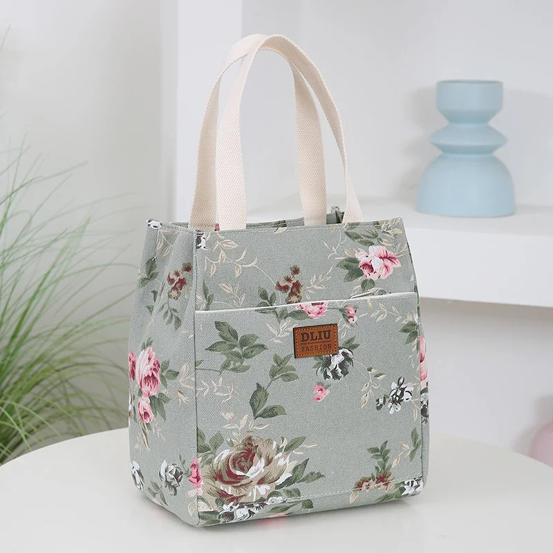 canvas flower printed fabric handbag work portable multi-pocket zipper semi-closed daily clutter storage bag bento bag 250408
