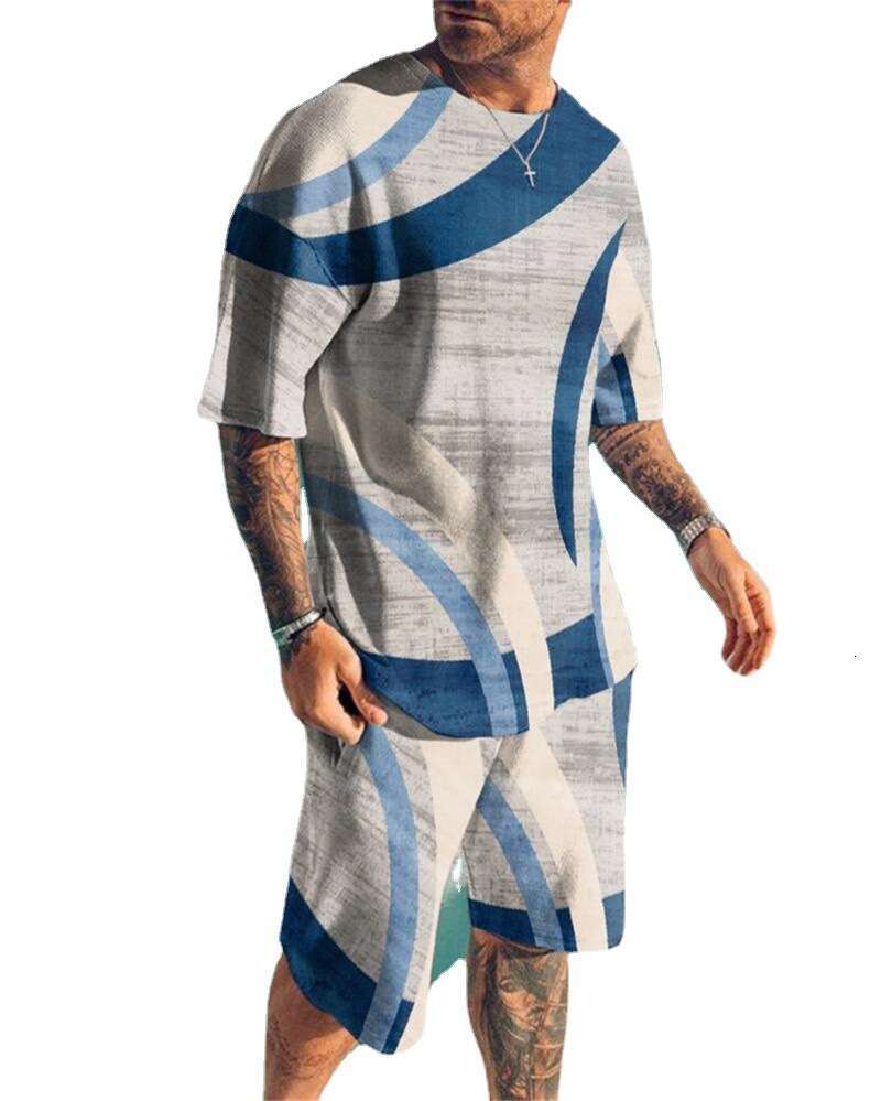 Summer Abstract Splicing Digital Printed T-shirt Set with Casual Sleeves Shorts, Two Piece Set, New Style, Unique and Elegant Clothing