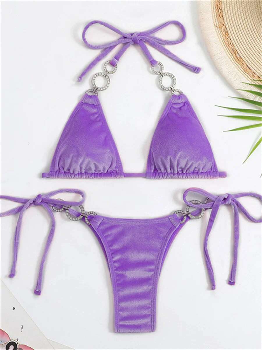Dongdumaoyi Sexy Triangle Bikinis Set Women Solid Pink Criss Cross Velvet Swimsuit Luxury Rhinestone Bathing Suit Metal Swimwear Y K