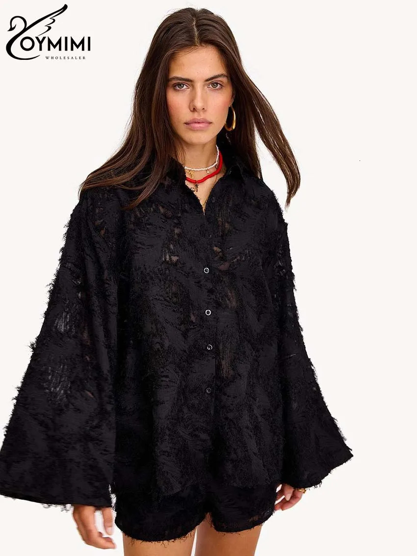 Oymimi Elegant Yellow Feather Women 2 Piece Set Outfit Fashion Long Sleeve Button Shirts And Drawstring Shorts Sets Streetwear 250407