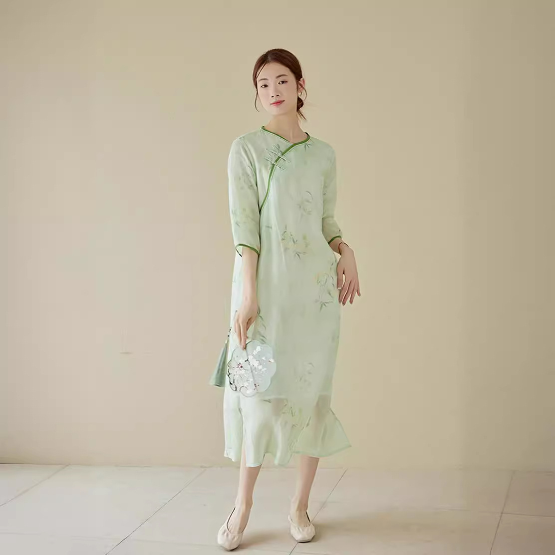 G5180 High Quality Double Layer Dress Women Summer Retro Print Women's Improved Cheongsam Skirt